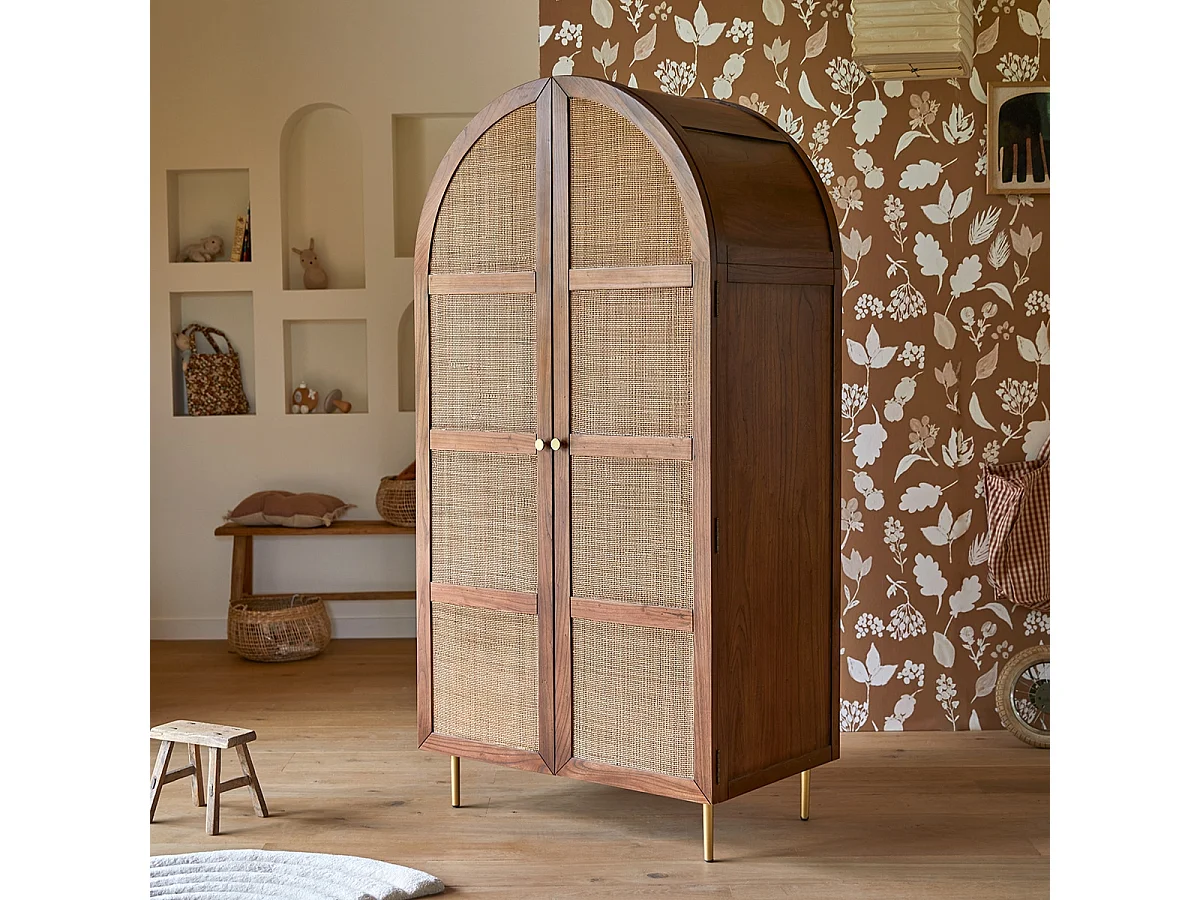 Armoire enfant en bois d'orme et rotin Lisbeth