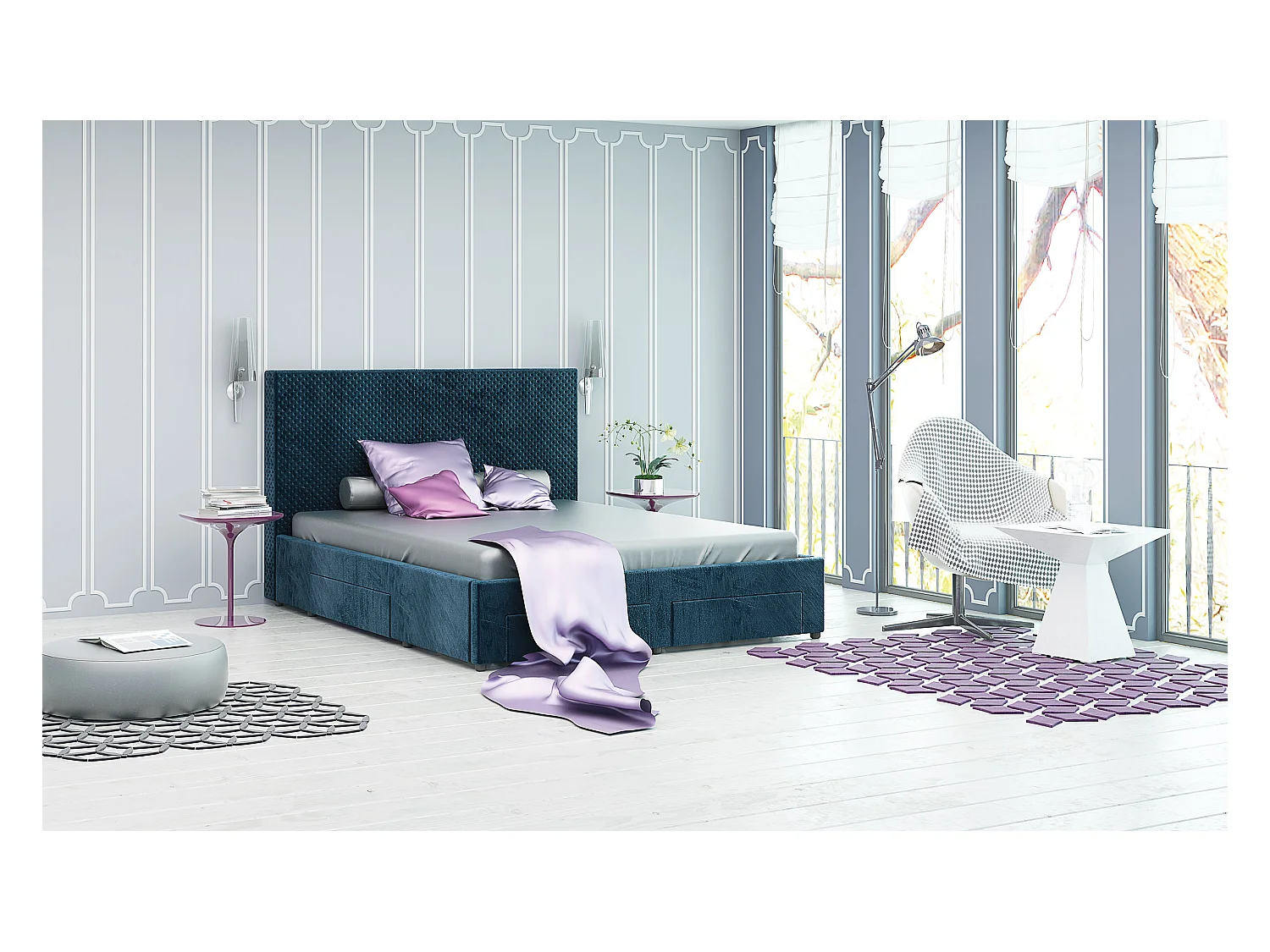 Letto matrimoniale in velluto con 4 cassetti blu scuro LG54