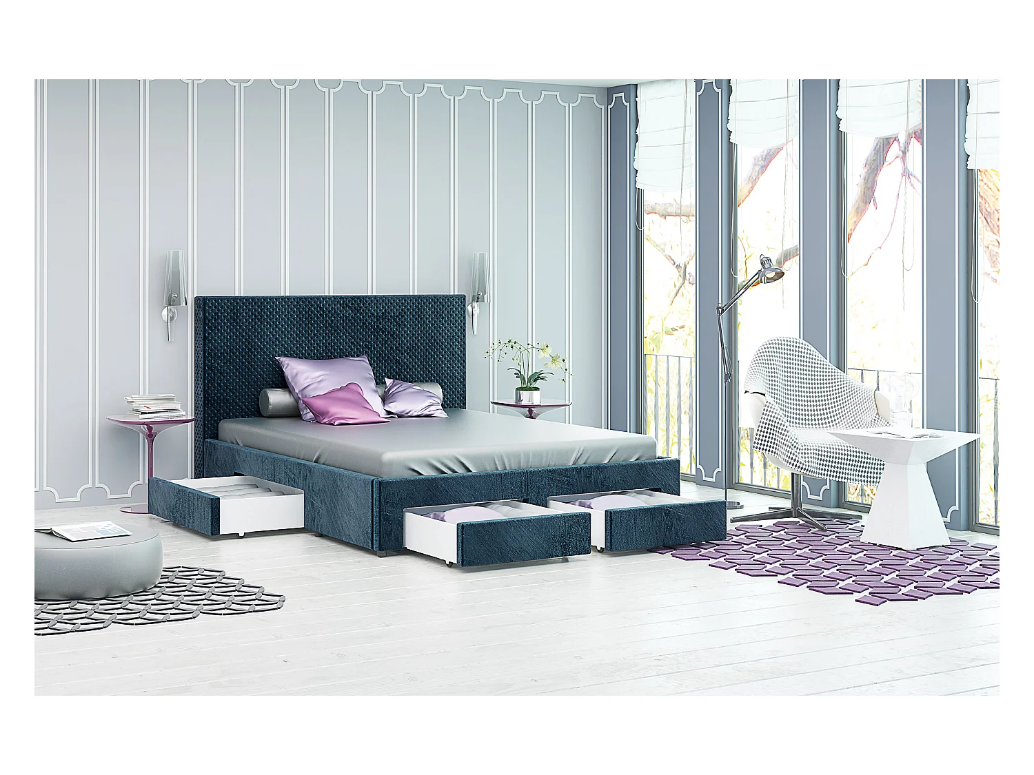 Letto matrimoniale in velluto con 4 cassetti blu scuro LG54