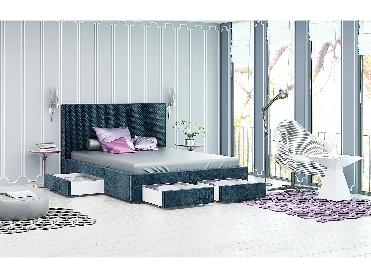 Letto matrimoniale in velluto con 4 cassetti blu scuro LG54
