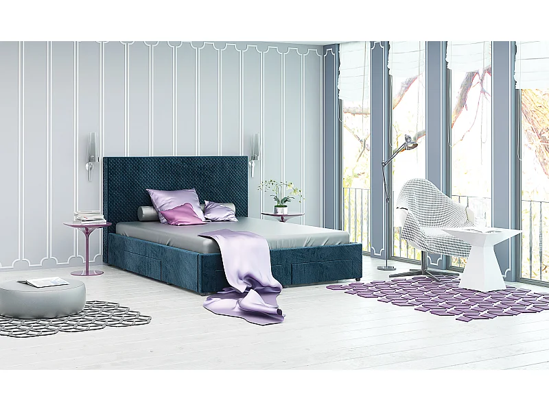 Letto matrimoniale in velluto con 4 cassetti blu scuro LG54