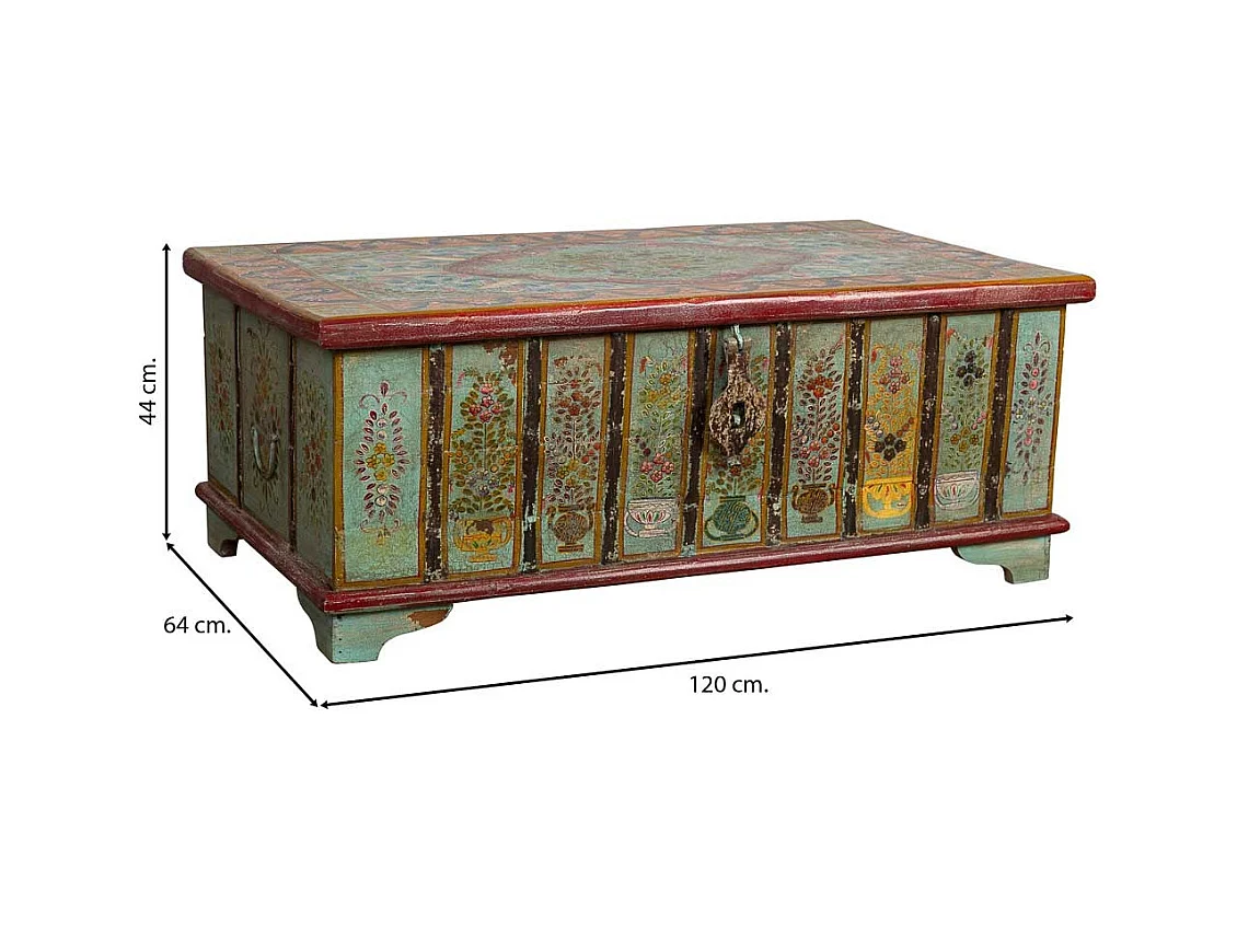 Baú de madeira multicolorido pintado à mão, 120x64x44h cm