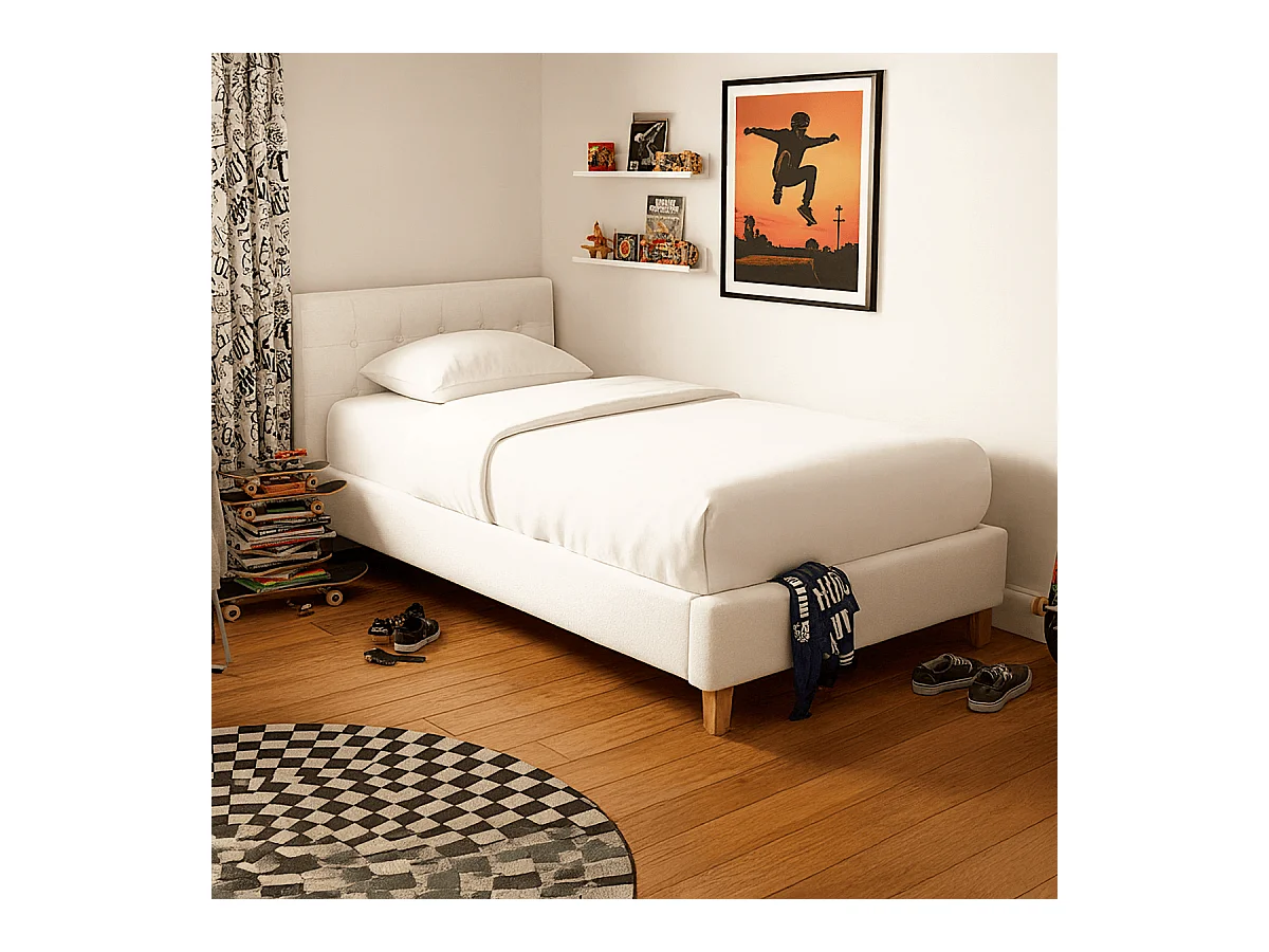 Lit adulte 90x190 cm avec tête de lit capitonnée en tissu beige - Milo