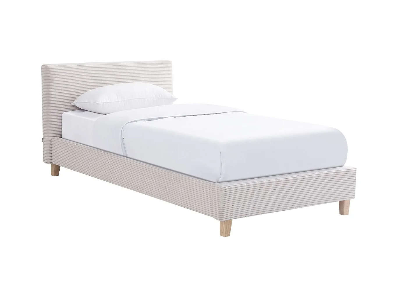 Lit adulte 90x190 cm avec tête de lit capitonnée en tissu beige - Milo