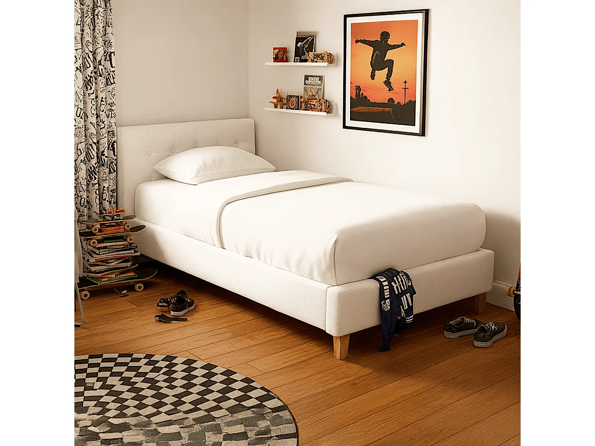 Lit adulte 90x190 cm avec tête de lit capitonnée en tissu beige - Milo