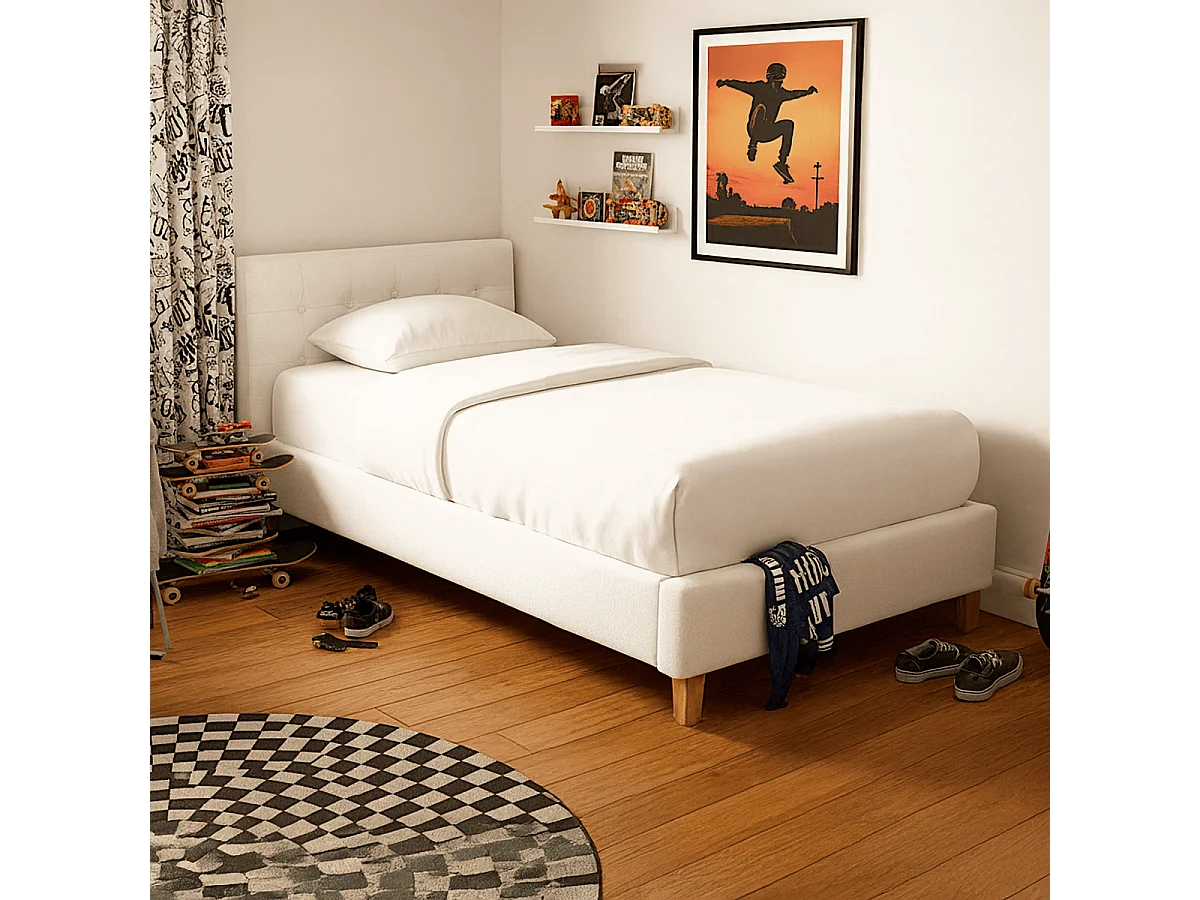 Lit adulte 90x190 cm avec tête de lit capitonnée en tissu beige - Milo