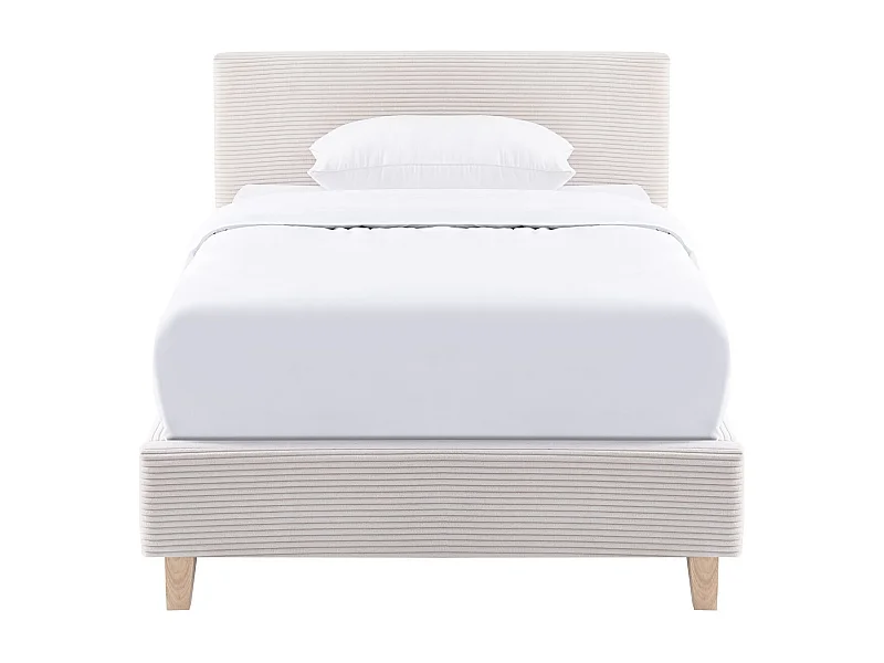 Lit adulte 90x190 cm avec tête de lit capitonnée en tissu beige - Milo