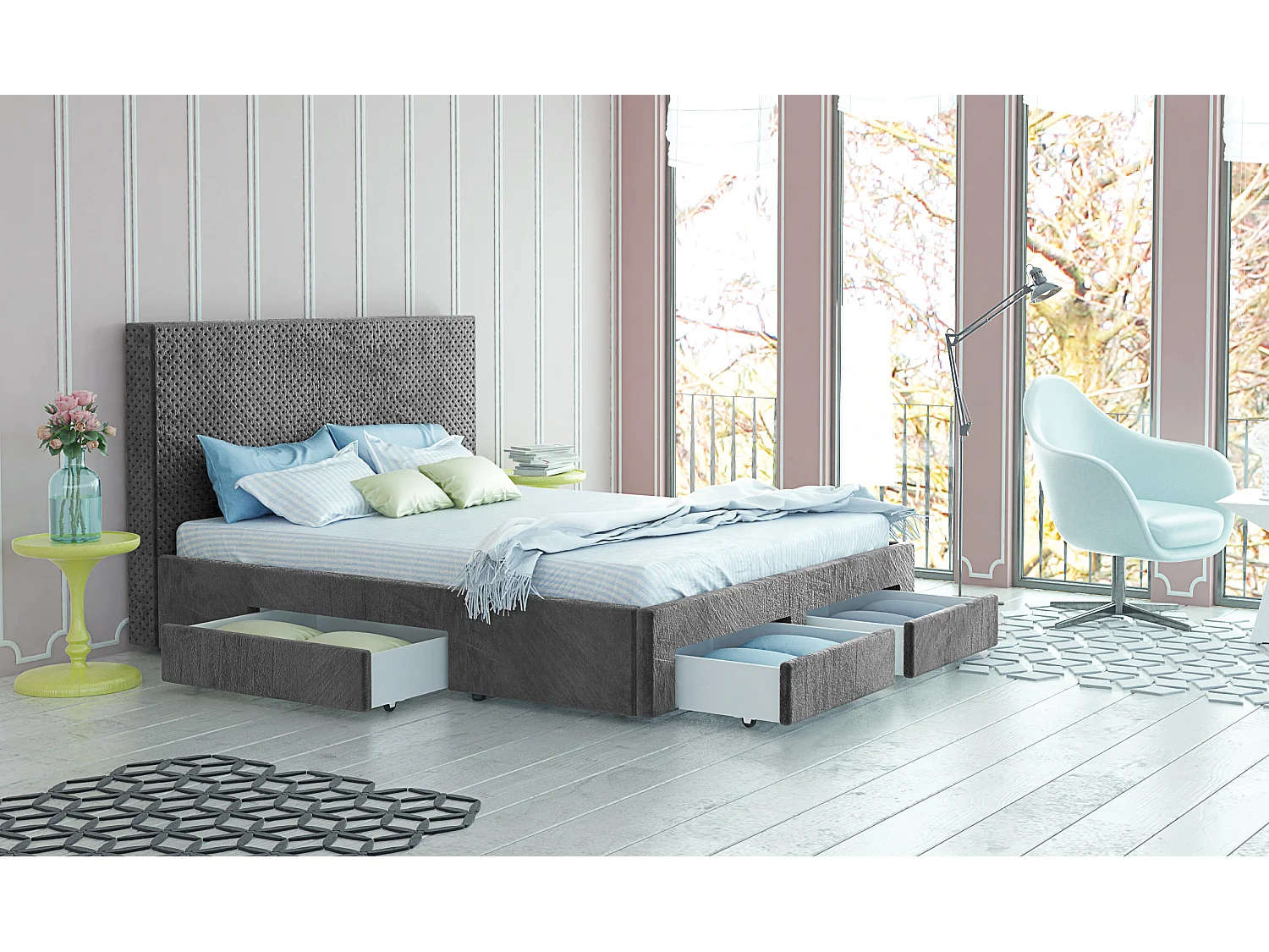 Letto matrimoniale in velluto con 4 cassetti grigio LG54
