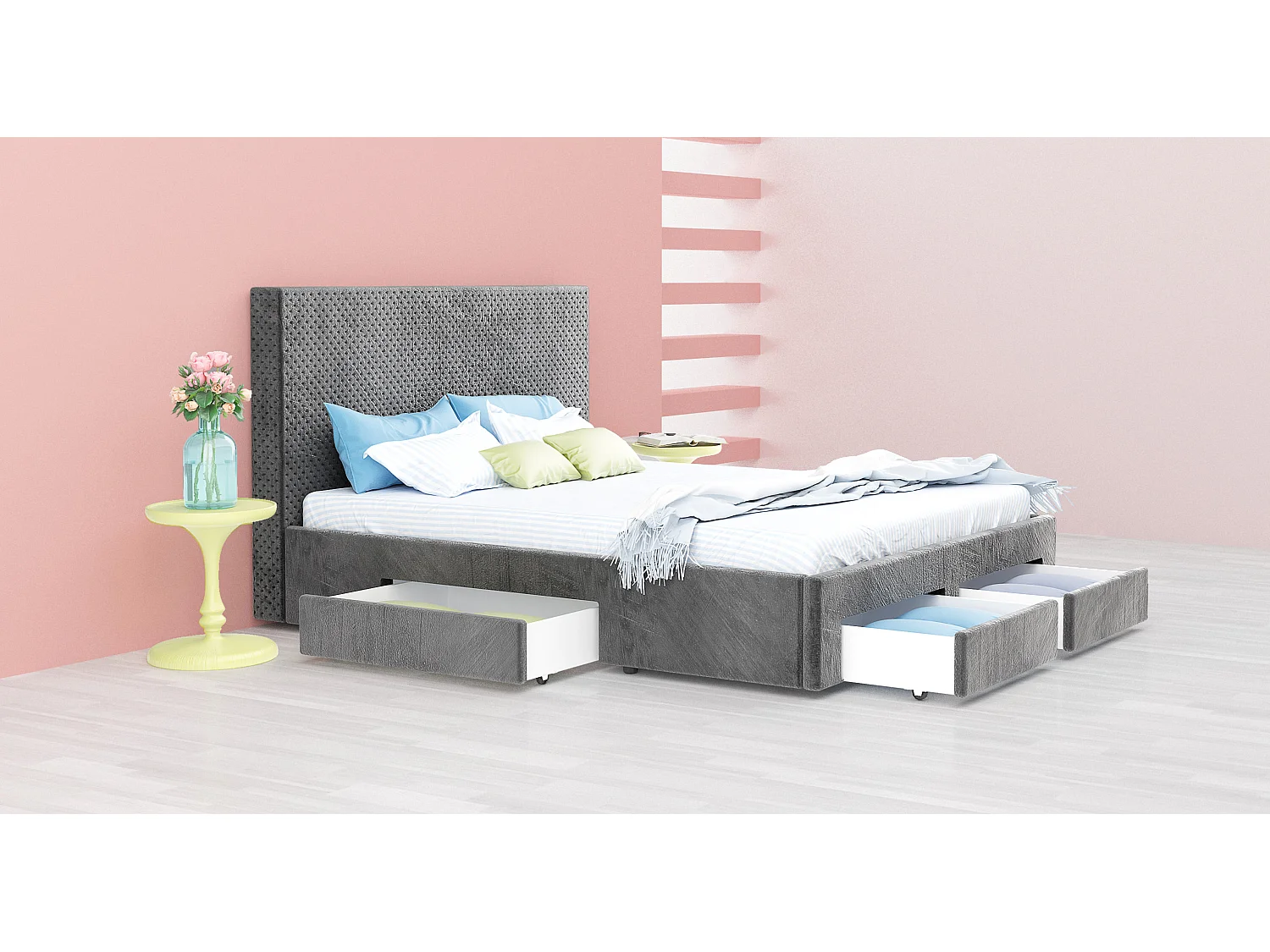 Letto matrimoniale in velluto con 4 cassetti grigio LG54