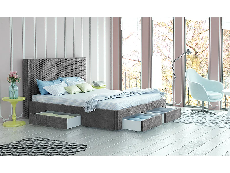 Letto matrimoniale in velluto con 4 cassetti grigio LG54