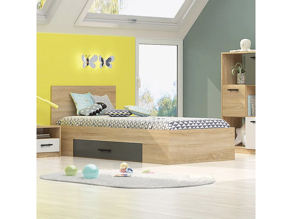 Letto singolo con cassetto laterale 90x200 cm in rovere chiaro e grigio antracite LG73