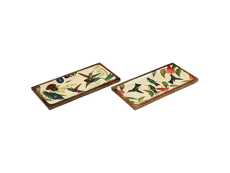 Plateau en manguier et émail Colibri 40 x 19 cm (Lot de 2)