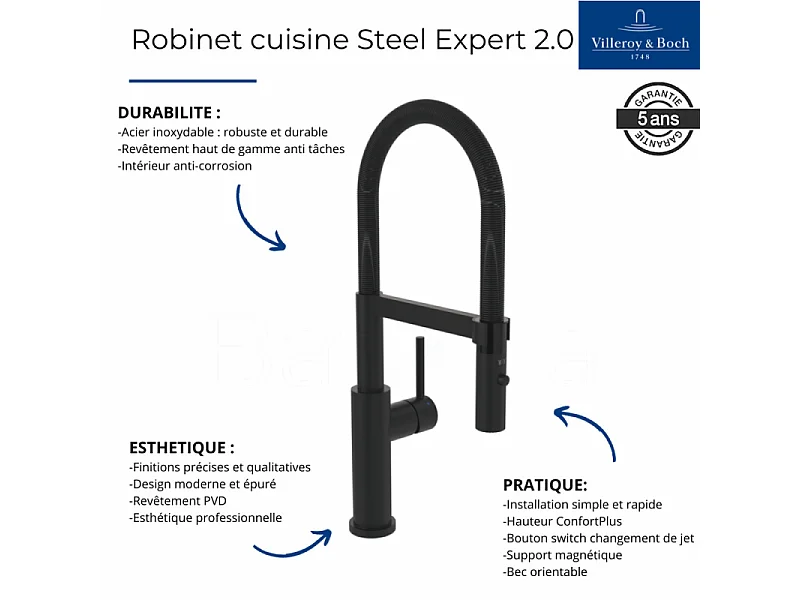 Robinet cuisine semi-pro VILLEROY ET BOCH Steel expert 2.0 noir mat
