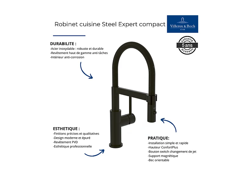 Robinet cuisine semi-pro VILLEROY ET BOCH Steel Expert compact window noir mat