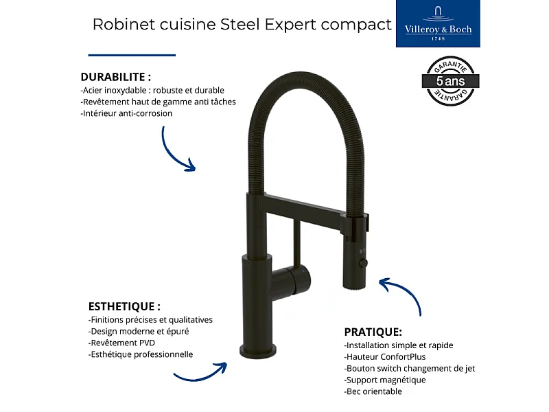 Robinet cuisine semi-pro VILLEROY ET BOCH Steel Expert compact window noir mat