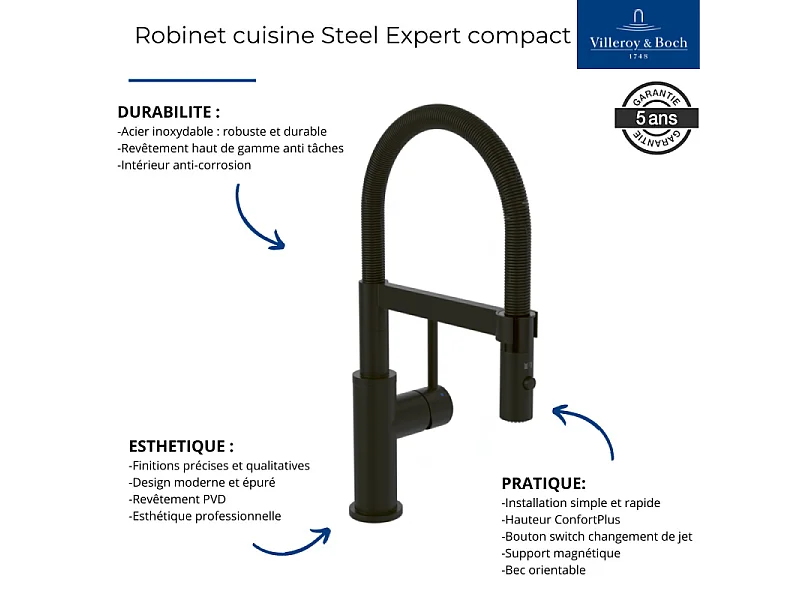 Robinet cuisine semi-pro VILLEROY ET BOCH Steel Expert compact window noir mat