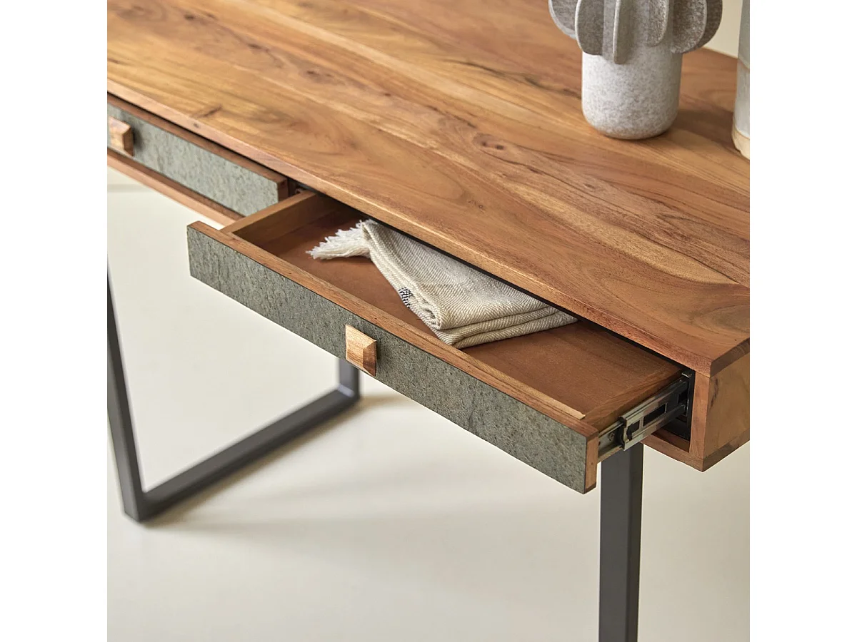 Konsole aus massivem Akazienholz, Metall und Stein 115 Ternis Materialmix