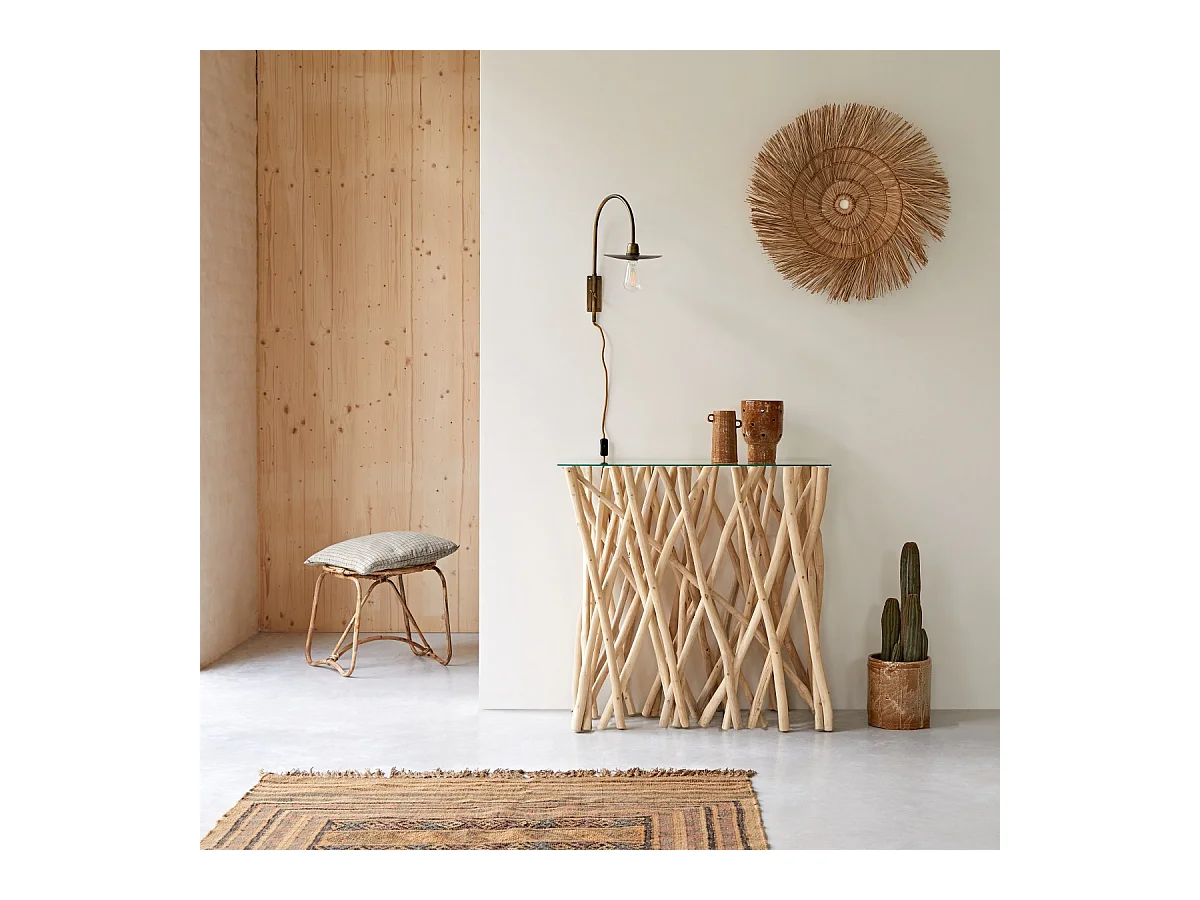 Konsole aus Teak Treibholz Flur Wohnzimmer Tisch Beistelltisch Glas Glasplatte