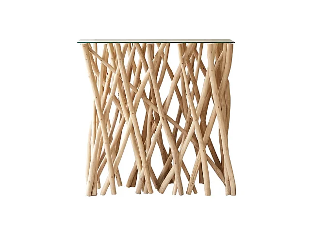 Konsole aus Teak Treibholz Flur Wohnzimmer Tisch Beistelltisch Glas Glasplatte