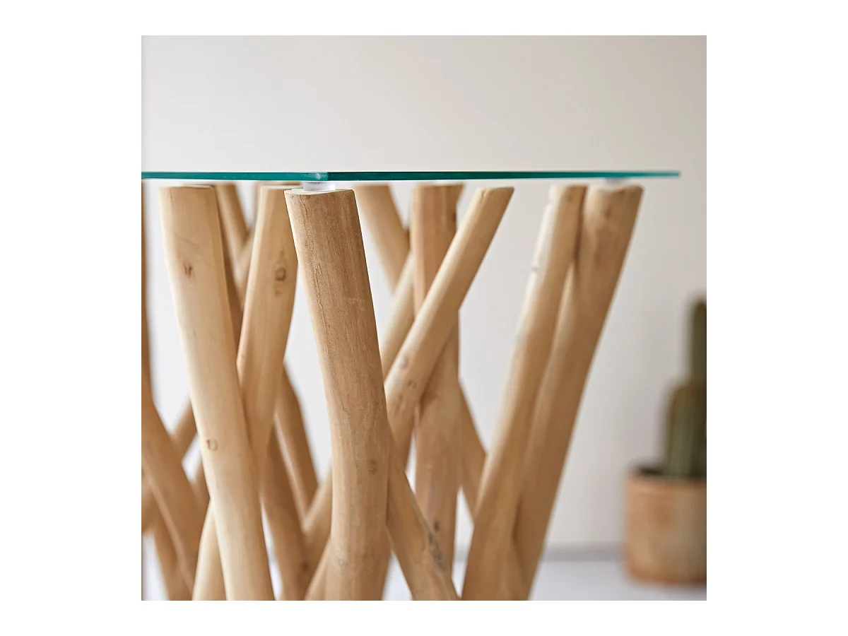 Konsole aus Teak Treibholz Flur Wohnzimmer Tisch Beistelltisch Glas Glasplatte