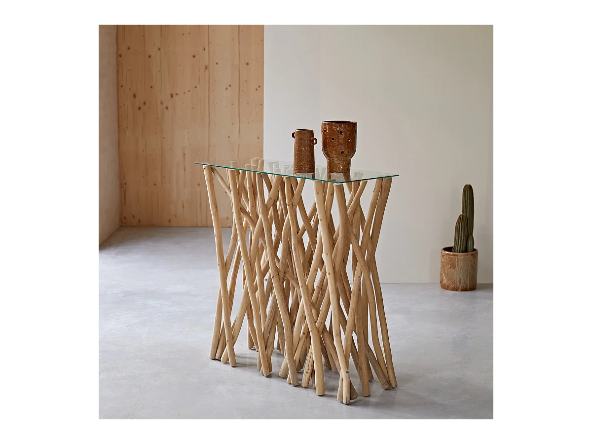 Konsole aus Teak Treibholz Flur Wohnzimmer Tisch Beistelltisch Glas Glasplatte