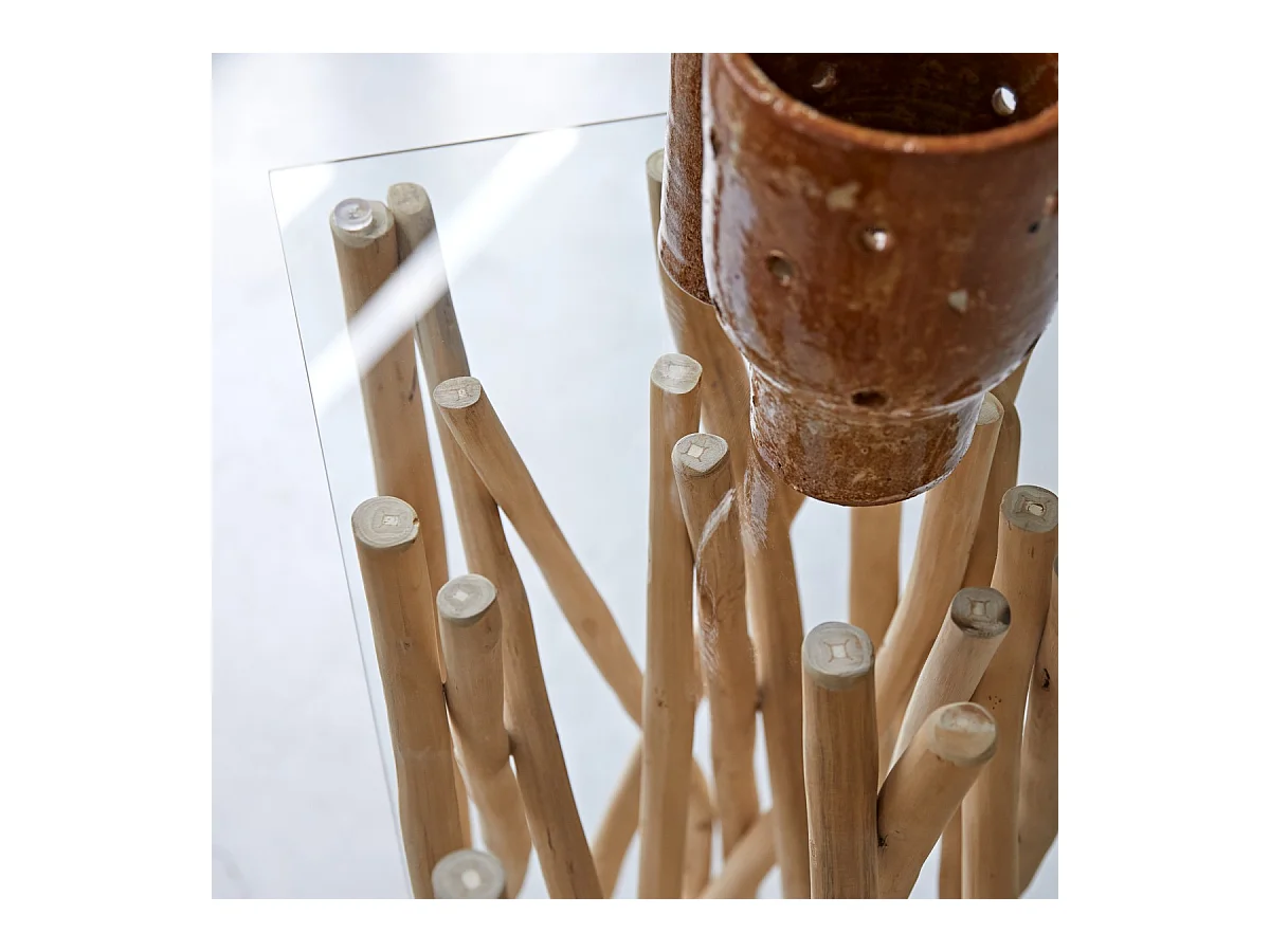 Konsole aus Teak Treibholz Flur Wohnzimmer Tisch Beistelltisch Glas Glasplatte