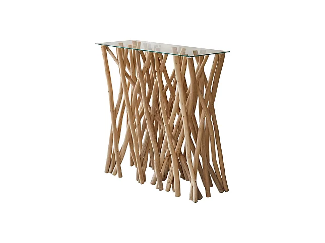 Konsole aus Teak Treibholz Flur Wohnzimmer Tisch Beistelltisch Glas Glasplatte