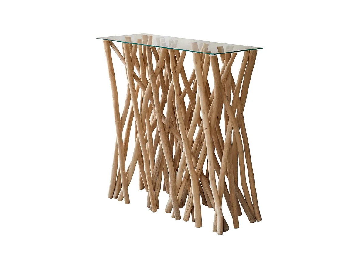 Konsole aus Teak Treibholz Flur Wohnzimmer Tisch Beistelltisch Glas Glasplatte