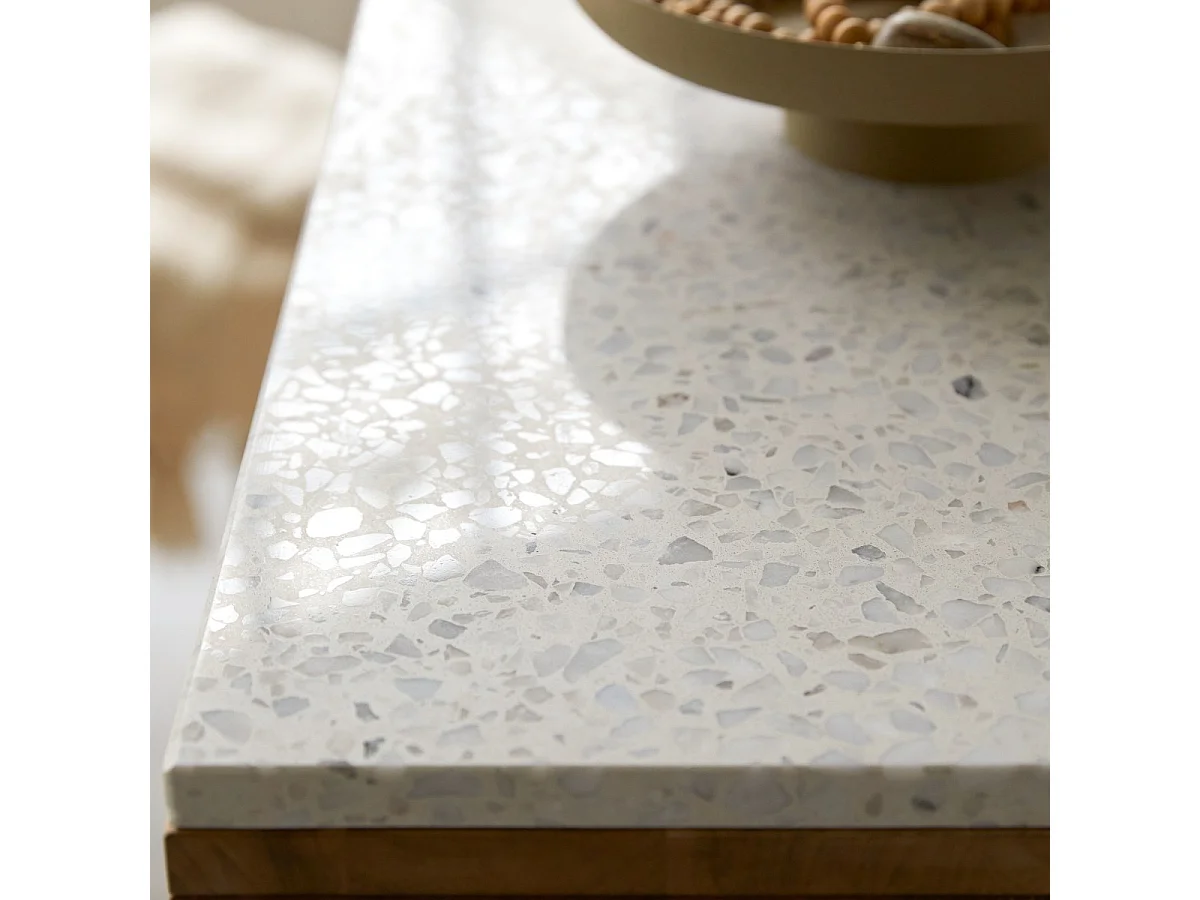 Konsole aus massivem Teakholz mit Premium-Terrazzo White Miho
