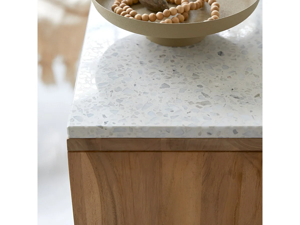 Konsole aus massivem Teakholz mit Premium-Terrazzo White Miho