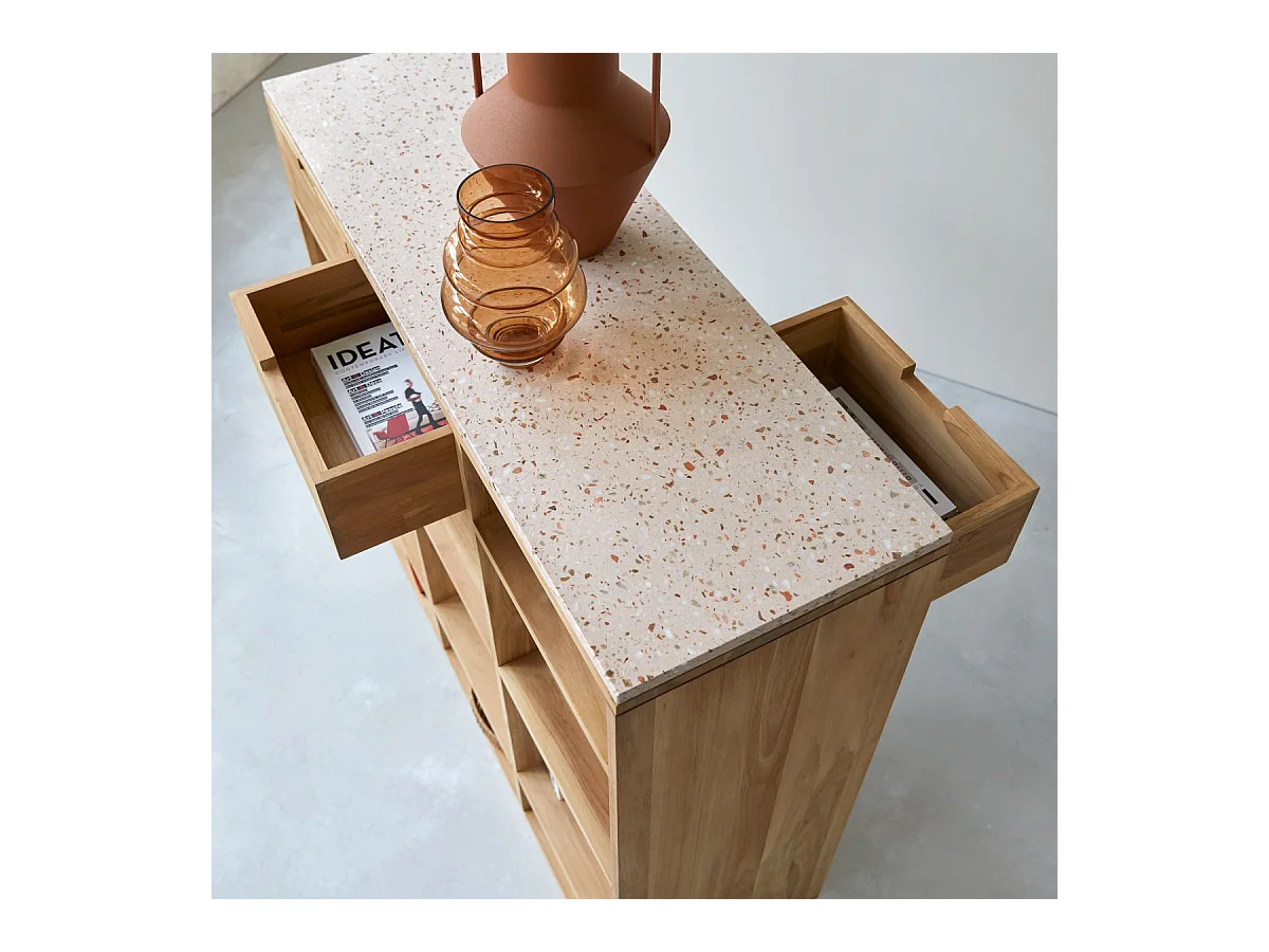 Consolle in legno di teak massello e terrazzo premium Pink Miho