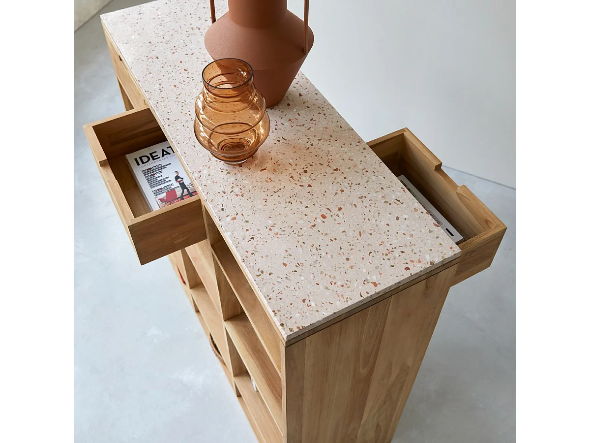Consolle in legno di teak massello e terrazzo premium Pink Miho