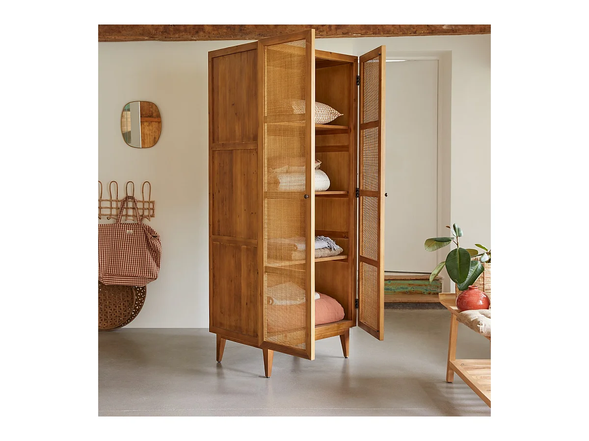 Aufbewahrungsschrank aus Pinienholz und Rattangeflecht 200 Ninon