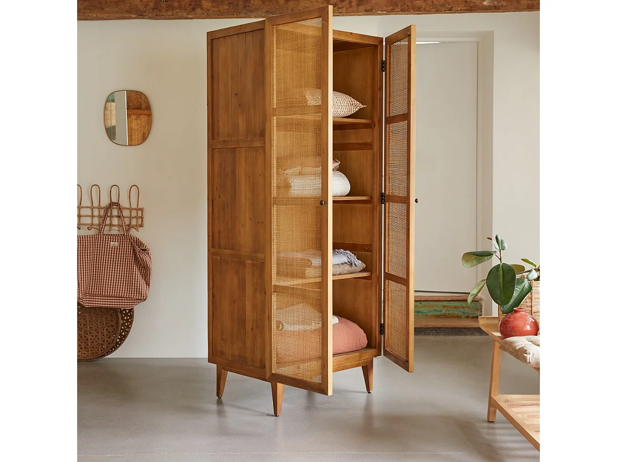 Aufbewahrungsschrank aus Pinienholz und Rattangeflecht 200 Ninon