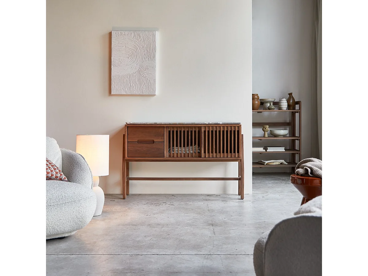 Console en bois de noyer massif et terrazzo premium Isaure