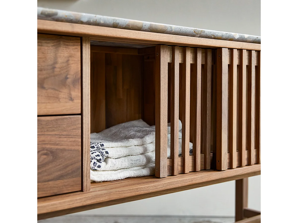 Console en bois de noyer massif et terrazzo premium Isaure