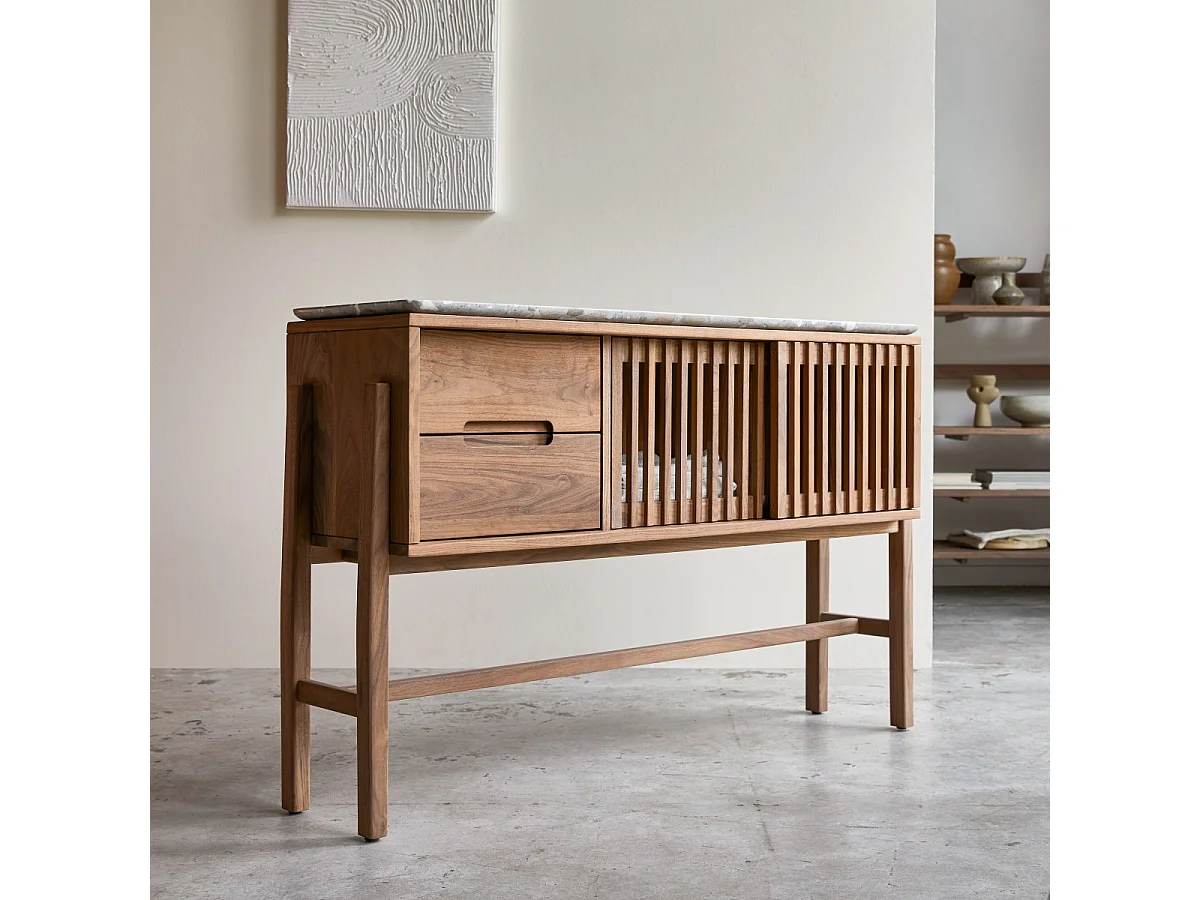 Console en bois de noyer massif et terrazzo premium Isaure