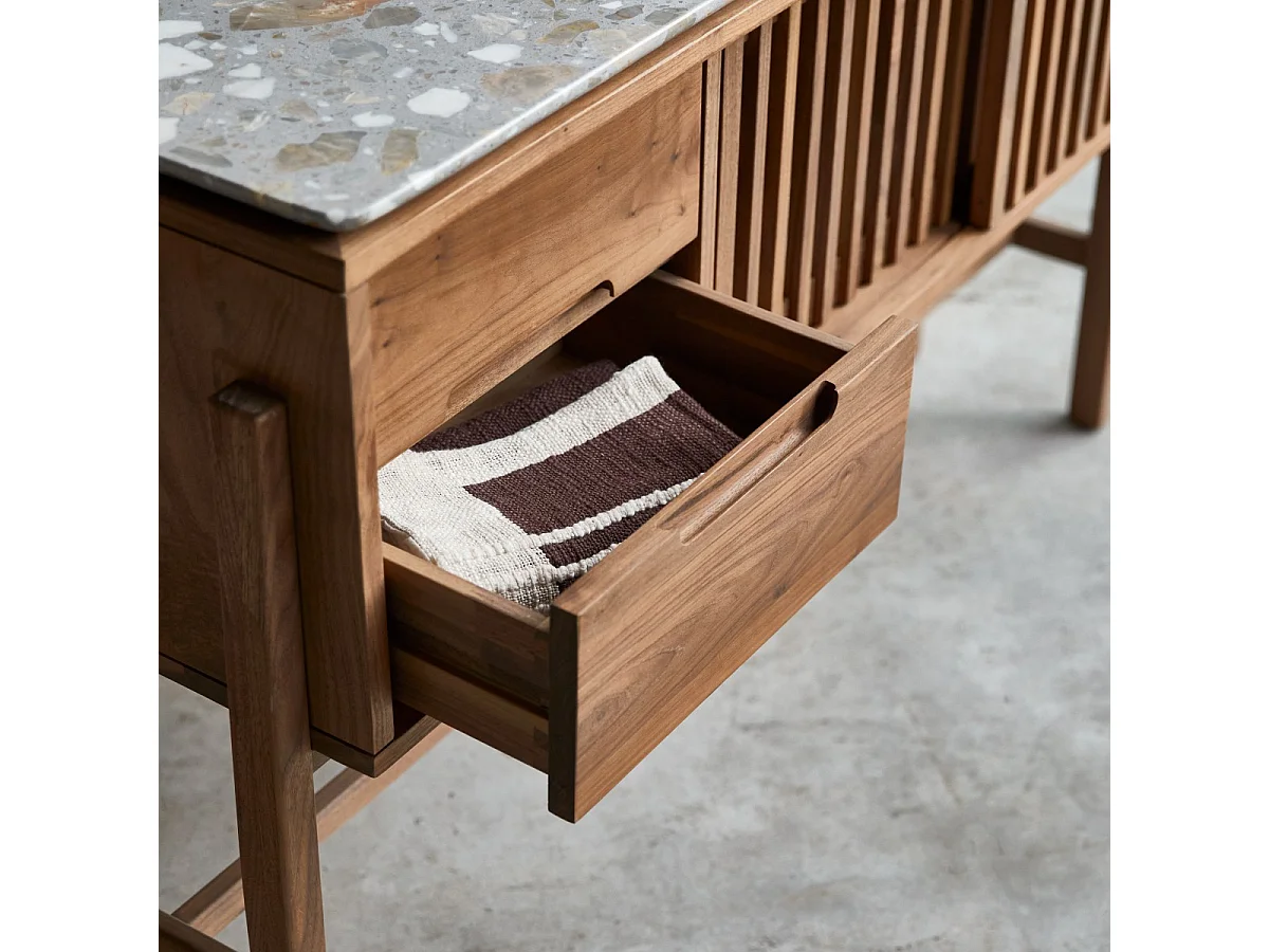 Console en bois de noyer massif et terrazzo premium Isaure