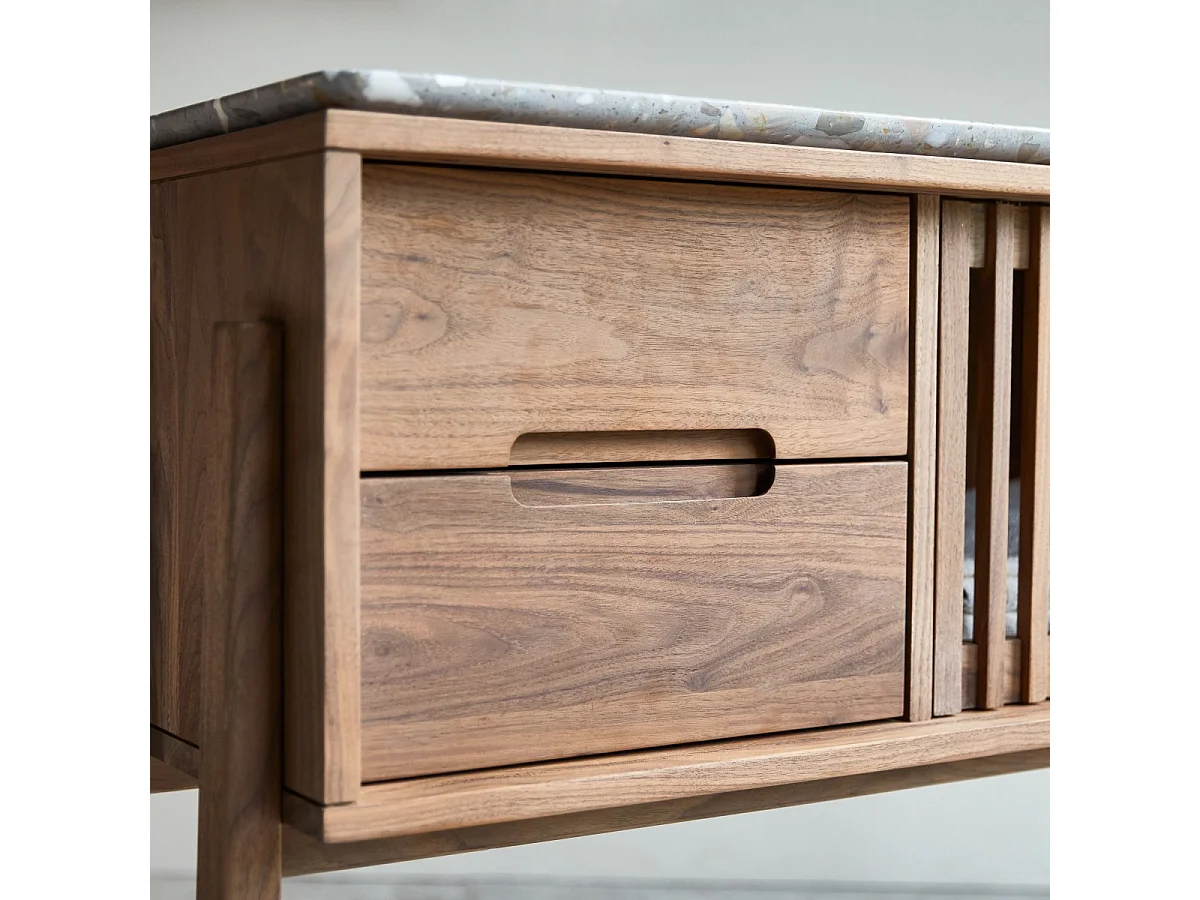 Console en bois de noyer massif et terrazzo premium Isaure
