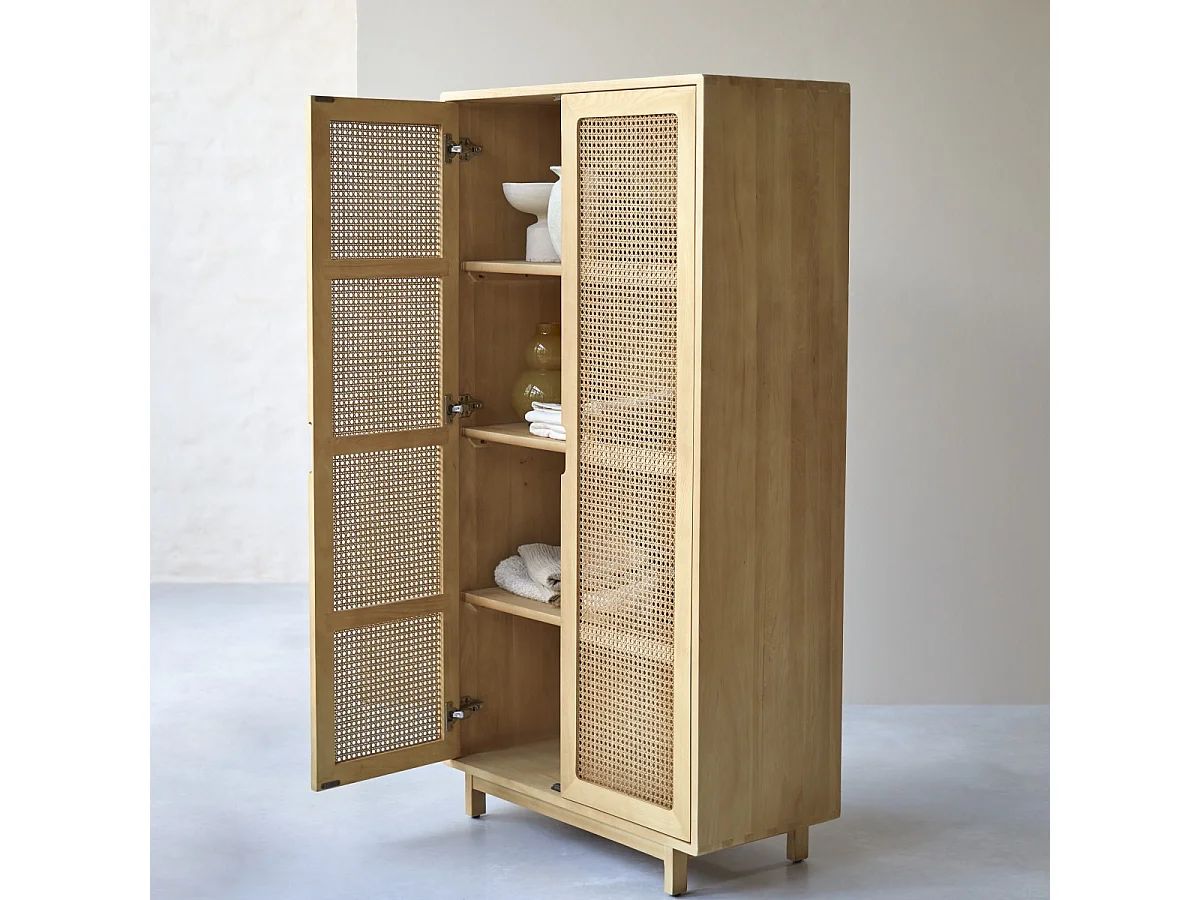 Schrank Luis aus massivem Ulmenholz und Rattangeflecht