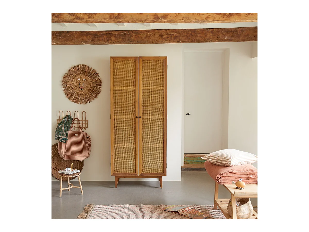 Kinderschrank aus Pinienholz und Rattangeflecht 200 Ninon