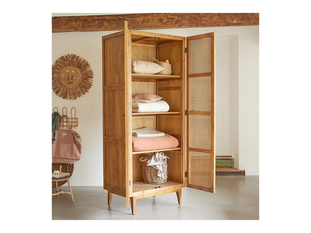 Kinderschrank aus Pinienholz und Rattangeflecht 200 Ninon
