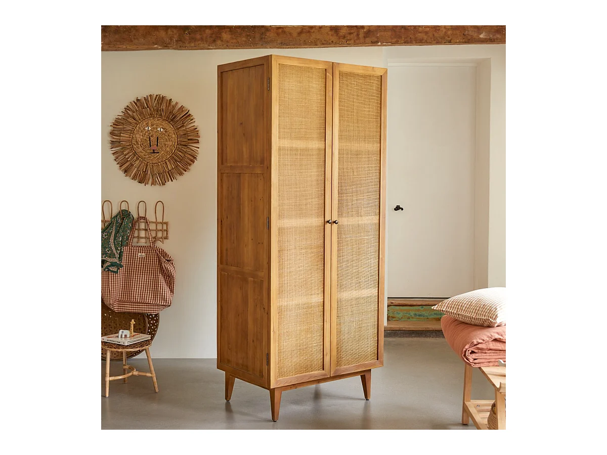 Kinderschrank aus Pinienholz und Rattangeflecht 200 Ninon