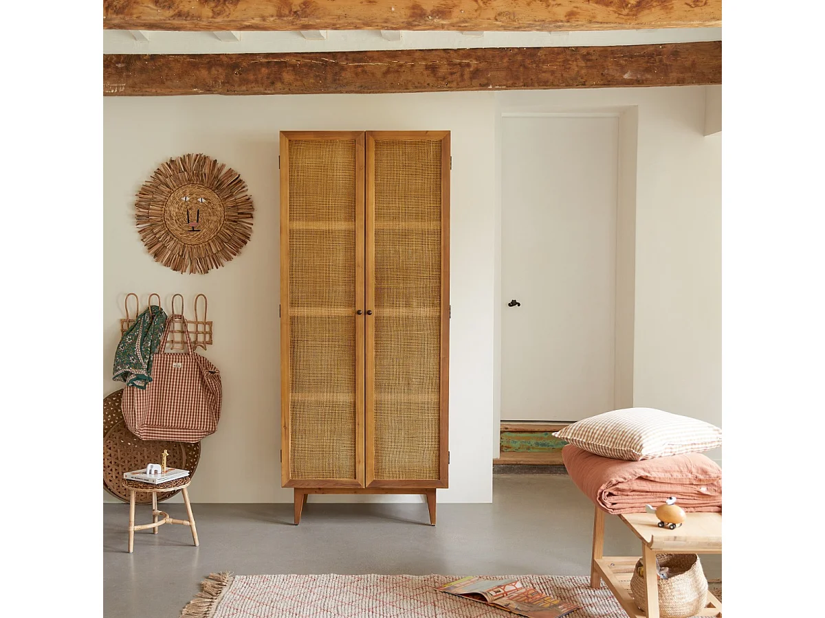 Armadio per bambini in legno di pino e midollino 200 Ninon