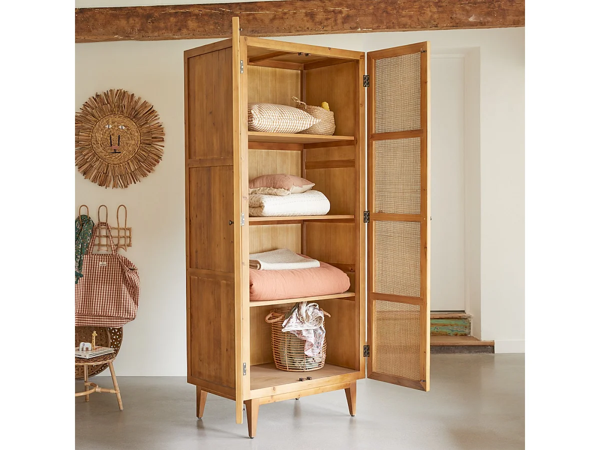 Armadio per bambini in legno di pino e midollino 200 Ninon