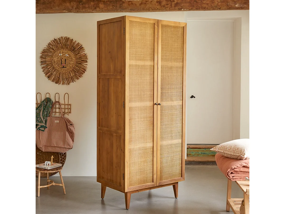 Armadio per bambini in legno di pino e midollino 200 Ninon