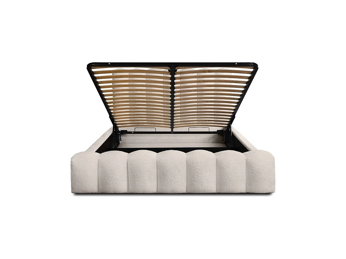 Cama Baú BADJA – Tecido Bouclé Marfim Rosado – 180x200 cm – Estrado Elevatório – Design de Alta Qualidade