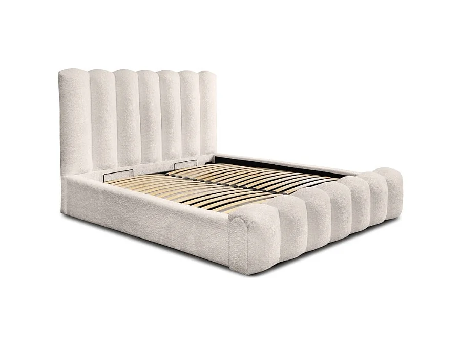 Cama Baú BADJA – Tecido Bouclé Marfim Rosado – 180x200 cm – Estrado Elevatório – Design de Alta Qualidade