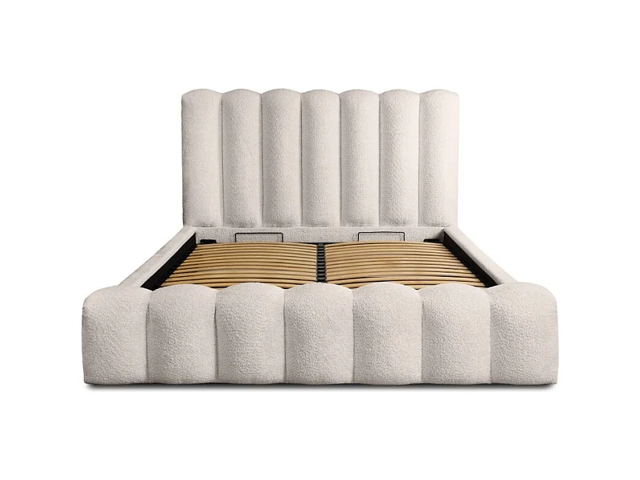 Cama Baú BADJA – Tecido Bouclé Marfim Rosado – 180x200 cm – Estrado Elevatório – Design de Alta Qualidade