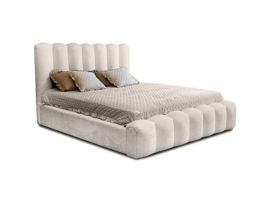 Cama Baú BADJA – Tecido Bouclé Marfim Rosado – 180x200 cm – Estrado Elevatório – Design de Alta Qualidade